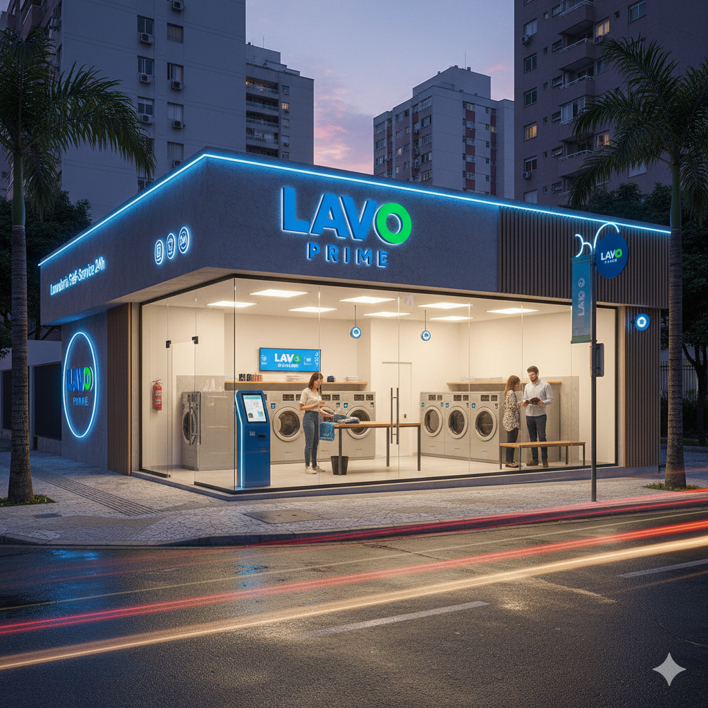 Fachada moderna da Lavo Prime com iluminação LED azul